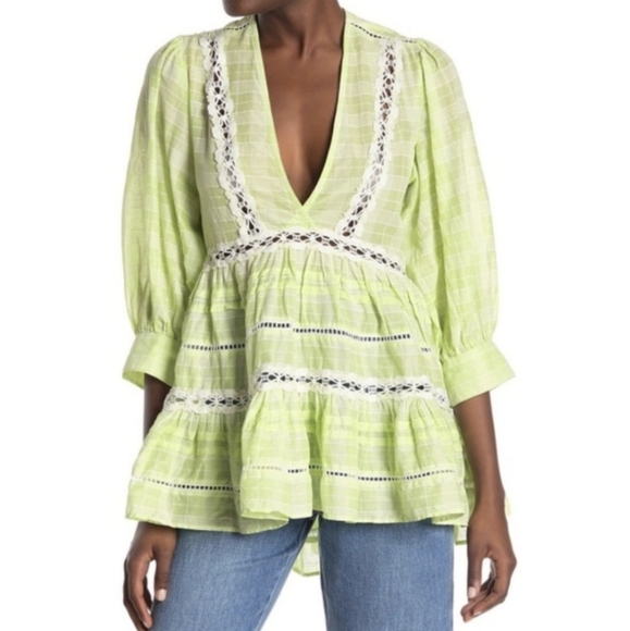 Free People Time Out Tunic Light Green Lace Plaid Cotton Flowy Shirt - XS - Picture 1 of 9